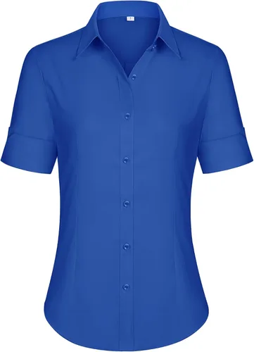 Vista 12 de siliteelon Camisas de vestir de manga corta con botones para mujer, camisas de algodón con botones para mujer, blusa ajustada de manga 3/4