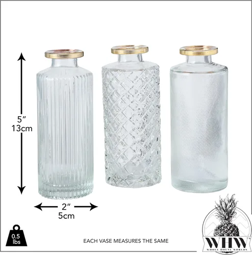 Vista 5 de Modernist Home - Juego de 3 jarrones con borde dorado para bebé, cristal transparente, patrones elegantes, 5 pulgadas de alto
