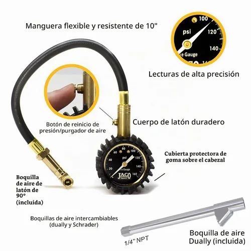 Vista 2 de Jaco, EliteProPlus, medidor de presión para neumáticos con boquillas de inflado intercambiables, 160 PSI