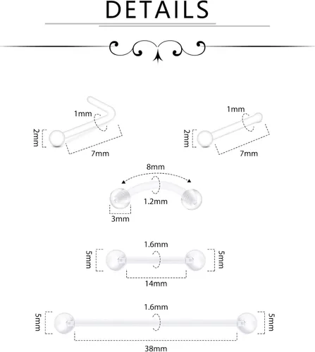 Vista 2 de D.Bella Kit de Retenedores de Piercing Transparentes Estilo Mix, Retenedores de Piercing Flexibles para Labios, Nariz, Cejas, Pezones, Lengua