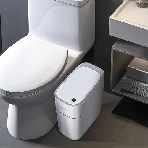 Vista 7 de JOYBOS Bote de basura automático con tapa, 3.8 galones, delgado y pequeño cubo de basura inteligente de plástico blanco, sensor de movimiento