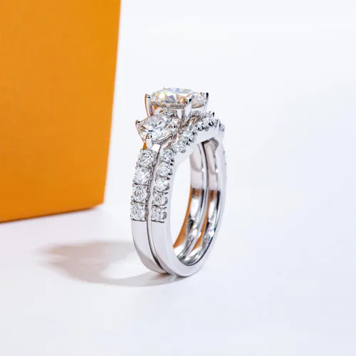 Vista 5 de AimiIee Juego de anillos de boda de moissanita, 3.7 CTTW color D, claridad VVS1, redondo, talla brillante, diamante de moissanita S925, anillos