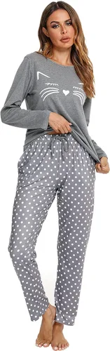 Vista 3 de Homimor Cotton Pajamas For Women, Long Sleeve Sleepwear with Long Pants, Cat Printed Pj Loungewear Sets, PJ Set for Women