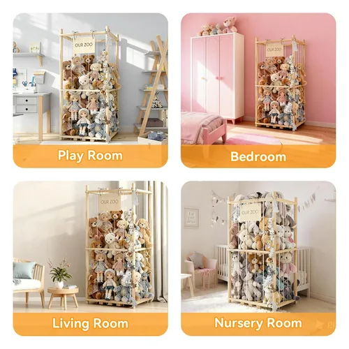 Vista 5 de Organizador de almacenamiento de animales de peluche, soporte de madera para juguetes de zoológico para habitaciones, salas de juegos y dormitorios