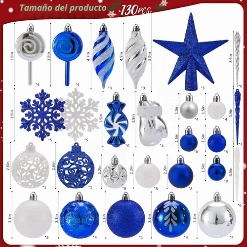 Vista 3 de Juego de adornos de bolas de Navidad irrompibles, 130 piezas de decoración para árbol de Navidad, surtido de bolas colgantes de Navidad a granel