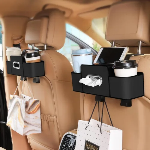 Vista 6 de Organizador de asiento trasero de automóvil con 1 paquete de 80 pañuelos, caja de pañuelos para el respaldo del asiento del automóvil y gancho