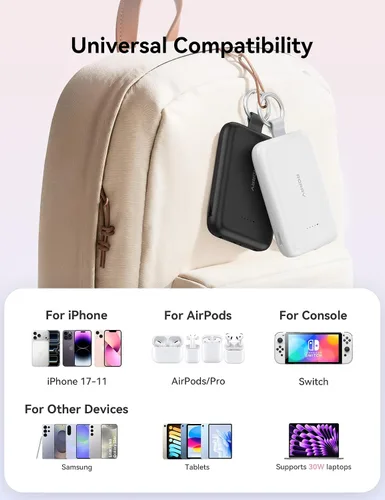 Vista 6 de RORRY CharmGo - Cargador portátil, 10000 mAh PD 30 W, cargador portátil de carga rápida con cables integrados, llavero de viaje para iPhone Negro