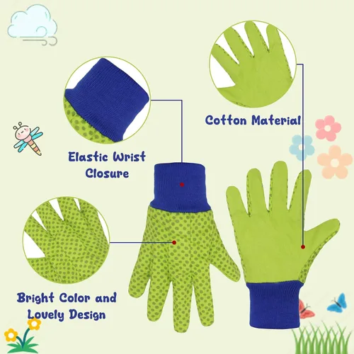 Vista 2 de HANDLANDY 4 pares de guantes de jardinería para niños, guantes de jardín para niños y niñas (punto verde, pequeño)