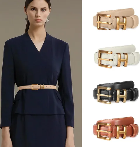 Vista 27 de Cinturón de cuero clásico con hebilla de metal para mujer con vestido de jeans