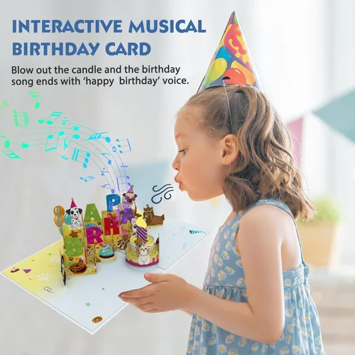 Vista 4 de Ecloverlife Tarjetas de cumpleaños musicales, tarjetas de cumpleaños de perro emergentes con luces, tarjetas de felicitación de velas inflables