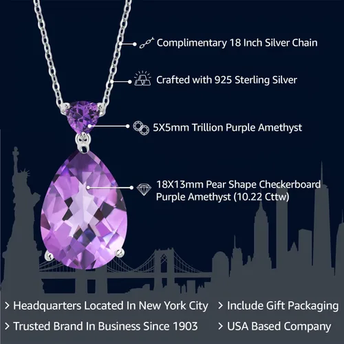 Vista 2 de Gem Stone King Collar con colgante de amatista púrpura de 10.22 quilates para mujer, plata de ley 925, piedra natal de piedras preciosas, tablero
