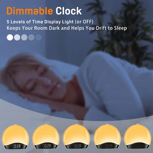 Vista 7 de JALL Reloj despertador Sunrise para dormitorios con máquina de sonido de ruido blanco, despertador de luz despertador para personas que duermen