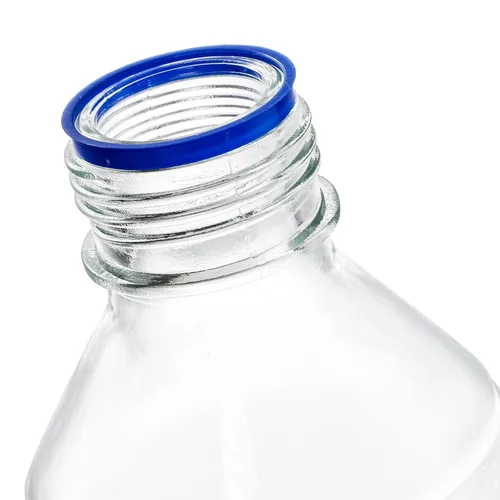 Vista 4 de Yopay Paquete de 4 botellas de vidrio de 33.8 fl oz, botellas de almacenamiento reutilizables con tapa de rosca azul GL45, recipiente redondo