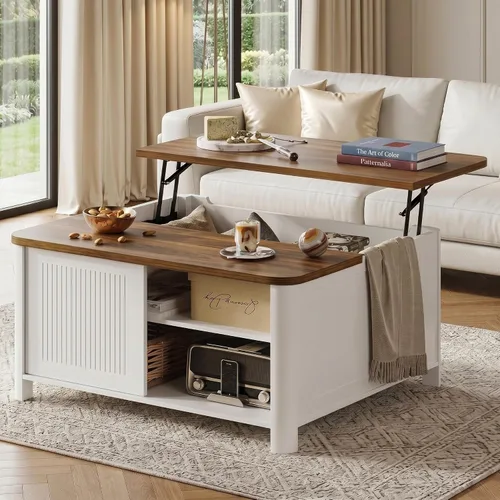 Vista 10 de Decofy Mesa auxiliar elevable con almacenamiento de mediados de siglo, modernas mesas de centro cuadradas para sala de estar, gran compartimento