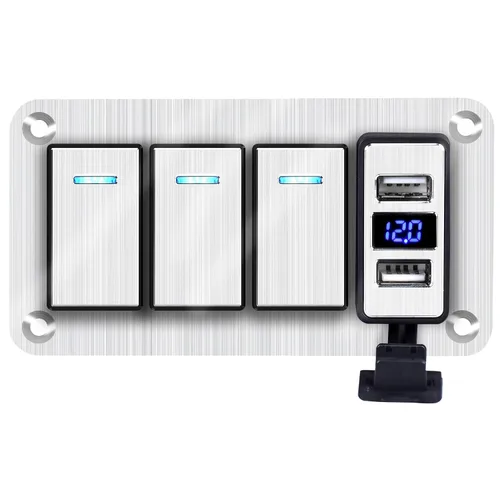 Vista 29 de Panel de interruptor basculante de aluminio de 2 vías, impermeable, precableado con retroiluminación azul, interruptor de palanca