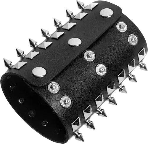 Vista 4 de STWTR Pulsera de cuero con correa ancha unisex con tachuelas de metal negro