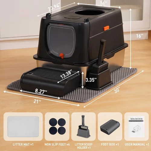 Vista 9 de Citylife - Caja de arena para gatos de acero inoxidable con tapa, entrada frontal y superior, caja de arena de metal extra grande con pala