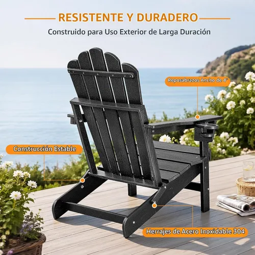 Vista 6 de Silla Adirondack plegable de gran tamaño, silla para hogueras de HDPE Negro