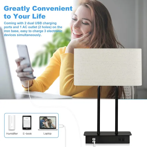 Vista 3 de Lámpara de mesa con control táctil y puertos de carga USB duales, 1 salida de CA, lámpara de mesita de noche moderna regulable de 3 vías con Crema