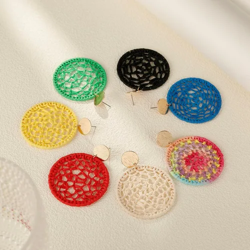 Vista 7 de RUOFFETA Pendientes redondos de rafia, tejidos a mano, atrapasueños, joyería bohemia para mujer