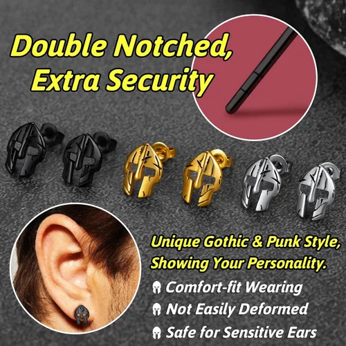 Vista 3 de FaithHeart Spartan - Aretes de casco para hombres y mujeres, acero inoxidable, chapado en oro de 18 quilates, joyería de Grecia con delicado
