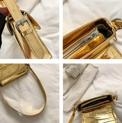 Vista 5 de Bolso hobo para mujer, de charol, de color plateado brillante, bolso de hombro Y2K, bolso de hombro para fiesta 2023
