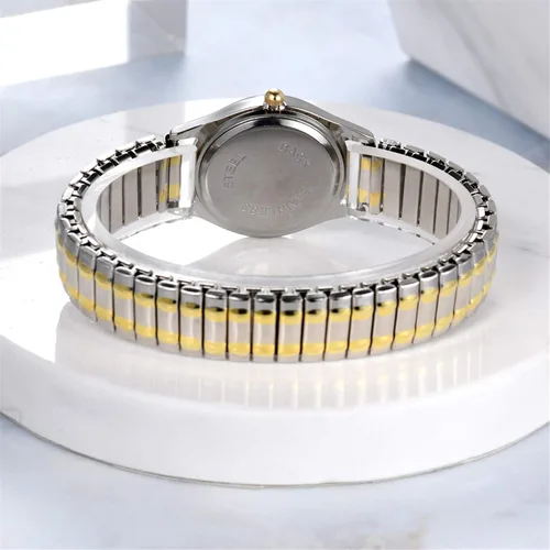 Vista 4 de JewelryWe Reloj de lectura fácil ultrafino para mujer con correa elástica de tono doradoplateado