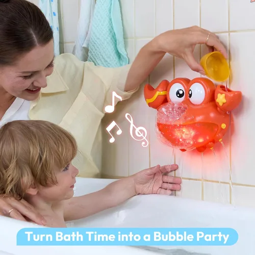 Vista 5 de Juguetes de baño para bebés de 2 a 4 años, máquina de burbujas de cangrejo con música, luces LED, juguetes de baño iluminados para niños
