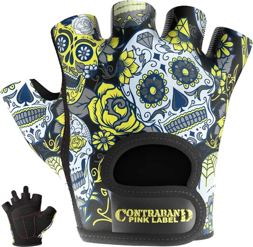 Vista 12 de Contraband Pink Label 5237 – Guantes de levantamiento de pesas con calavera, para mujer, Serie Design (1 par), Gris, M