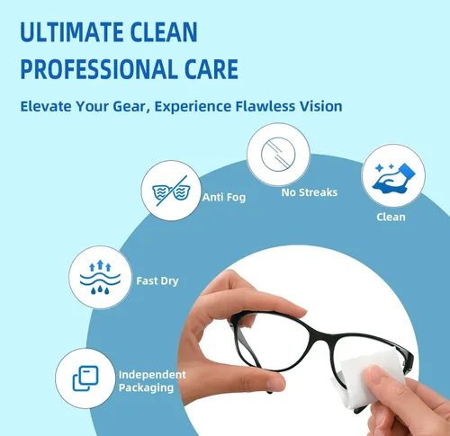 Vista 3 de Toallitas antivaho para lentes, paquete de 100 toallitas limpiadoras para lentes, envueltas individualmente, prehumedecidas, de secado rápido, sin