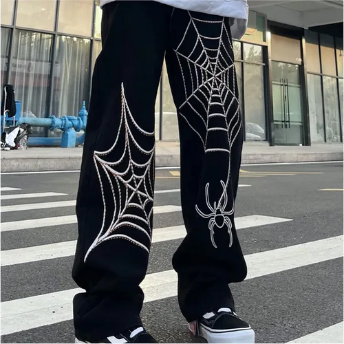 Vista 6 de Pantalones de mezclilla Y2K para hombre, estilo vintage, hip hop, holgados, rectos, tela de araña, con gráficos de estrellas, pantalones