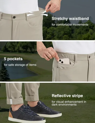 Vista 4 de PULI Pantalones de golf para hombre, vestido elástico, de secado rápido, pantalones casuales de negocios con bolsillos para trabajo y viajes
