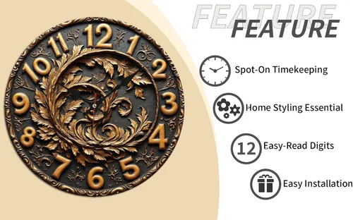 Vista 9 de Reloj de pared de madera con corona de hojas con acabado en bronce 9.8x9.8 in