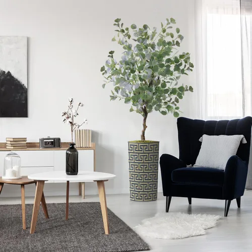 Vista 10 de Árbol artificial en macetero con patrón geométrico moderno, palmera tropical areca artificial de seda para decoración del hogar en interiores