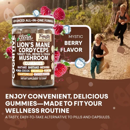 Vista 7 de Clean Nutra Lions Mane - Gomitas de hongos Cordyceps Suplemento para la memoria y la concentración Apoyo Inmunológico Vitaminas Reishi Chaga Pavo
