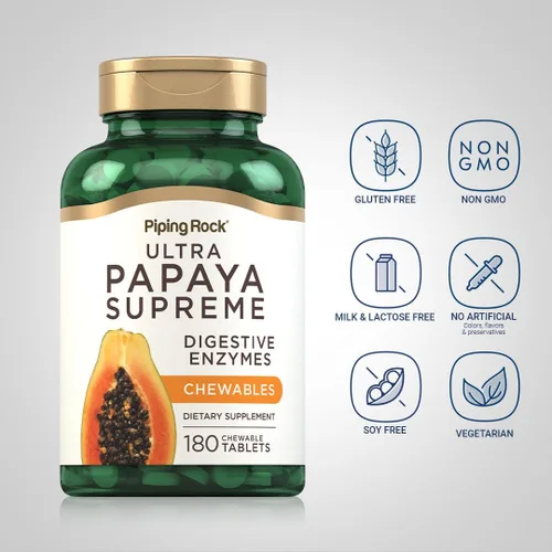 Vista 3 de Piping Rock Enzimas digestivas de papaya masticables 180 tabletas Ultra suplemento para mujeres y hombres Papaya Carica Vegetariano, sin