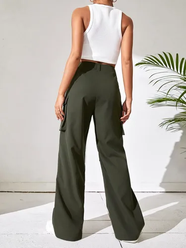 Vista 2 de WDIRARA Pantalones cargo de cintura alta con botones de pierna ancha y bolsillos para mujer