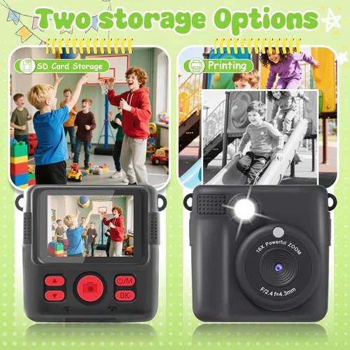 Vista 2 de Cámara para niños con impresión instantánea, cámara segura para niños pequeños, pantalla de 2.4 pulgadas, 1080P con zoom 16X, tarjeta TF de 32GB