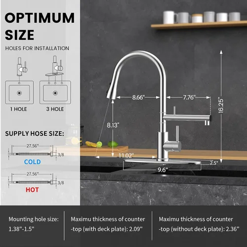 Vista 6 de FEELSO Grifos de cocina, grifo de cocina con filtro de agua mejorado con rociador desplegable, acero inoxidable níquel cepillado arco alto grifo