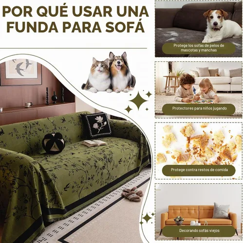 Vista 5 de HANDONTIME Funda para Sofá para Perros Lavable con Diseño Floral de Pájaros Fundas para Sofás y Sofás Fundas Verdes para Sofá con Flor Jacquard Za