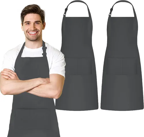 Vista 13 de Adjustable Bib Apron 100% Polyester Kitchen Aprons Waterdrop Resistant Aprons with Adjustable Strap, Pockets & Long Ties