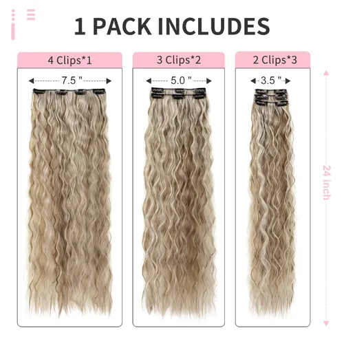 Vista 3 de Flufymooz - Extensiones de cabello con clip, 6 unidades, extensiones de cabello largas con ondas de sirena, sintético, postizo para mujer, 24 Marrón
