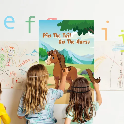 Vista 4 de Hxezoc Pin The Tail On The Horse Game para niños, póster de caballo grande, juegos de fiesta para fiesta de cumpleaños, decoraciones de fiesta