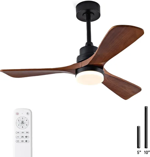 Vista 15 de Ventilador de techo de madera natural de 42 pulgadas con luces y control remoto, ventilador de 3 aspas para exteriores/interiores para patio y sala