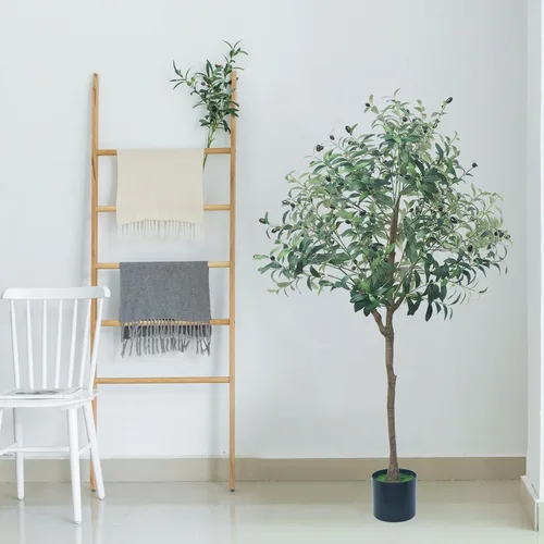 Vista 6 de Árbol de olivo artificial, planta de olivo sintético de 4.9 pies con maceta negra, árbol grande de seda sintética en maceta, planta de olivo