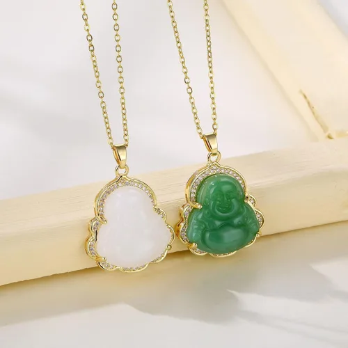 Vista 3 de Collar con colgante de Buda sonriente chapado en oro de 18 quilates, cadena de Buda sonriente de jade, collar brillante con piedras preciosas