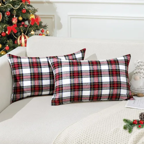 Vista 18 de OTOSTAR Paquete de 2 fundas de almohada decorativas de cuadros búfalo navideños de 12x20 pulgadas, lino clásico estilo granja, fundas de cojín