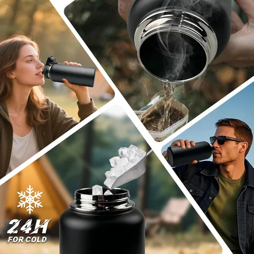 Vista 3 de Botella de agua aislada de 32 onzas, jarra de agua negra militar de acero inoxidable con manga, botellas de agua para gimnasio para hombres