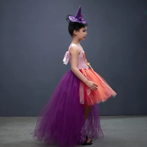 Vista 5 de Disfraz de bruja de Halloween para niños y niñas, vestido de tul, vestido de niña con accesorios, trajes para fiestas infantiles, festivales, cosplay