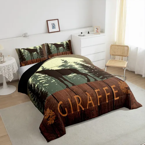 Vista 5 de Castle Fairy Cute Giraffe Bedding Set Twin Size 2 Pcs,Lodge Cabin Jungle Rustic Style Comforter Set for Kids Teens Adults,Wild Animal Pine Trees